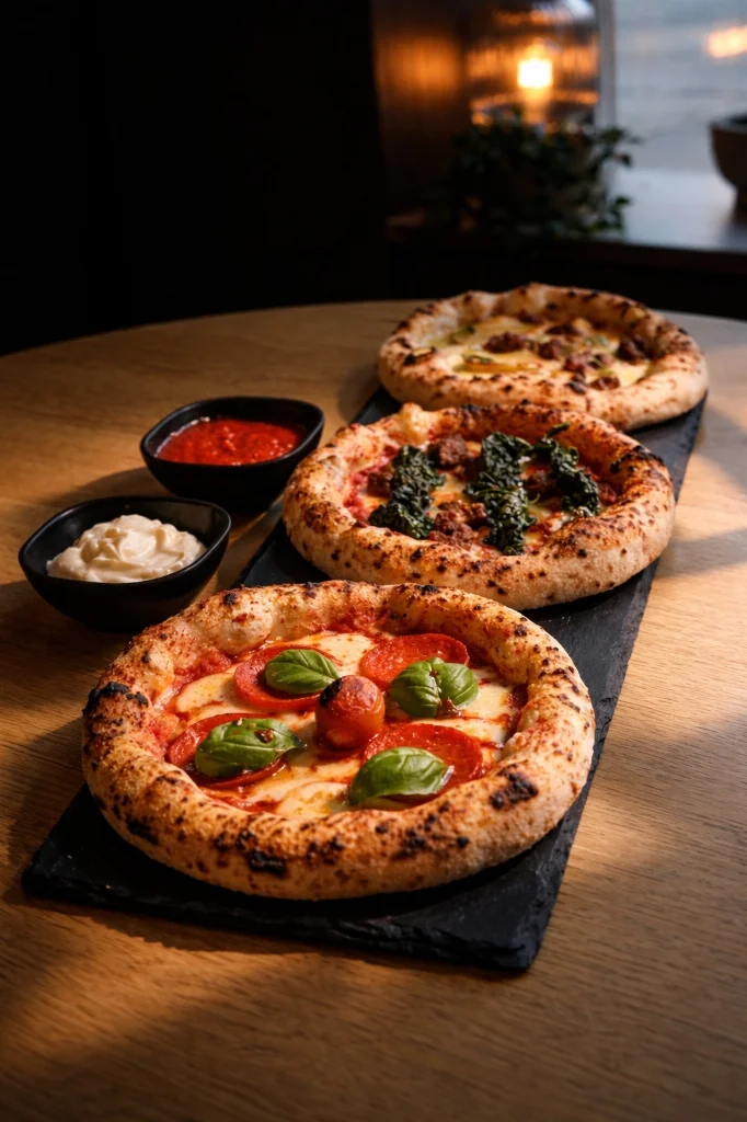 Tre napolitanske mini pizzaer serveret på et skiferbræt med dipsauce hos Canotto Aarhus